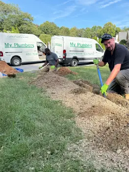 Sewer line inspection and repair process showing new pipe materials
