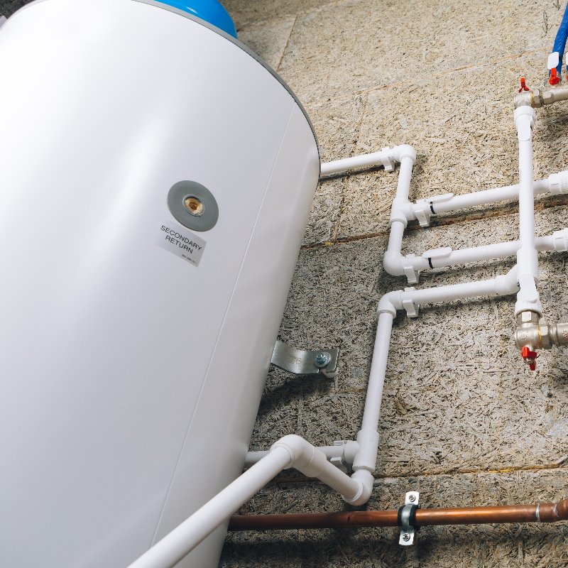 Close-up of a water heater in a boiler room