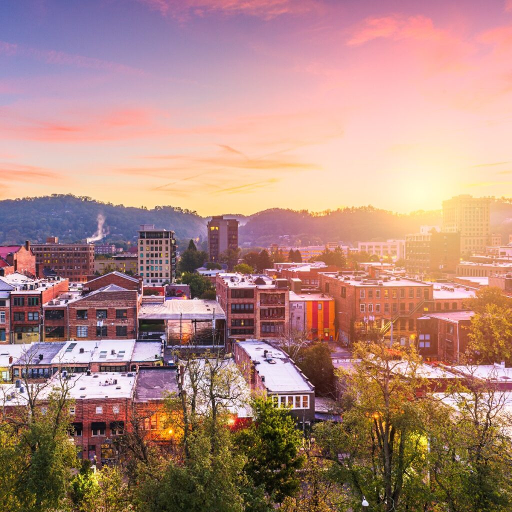 downtown Asheville, NC, USA, at dusk