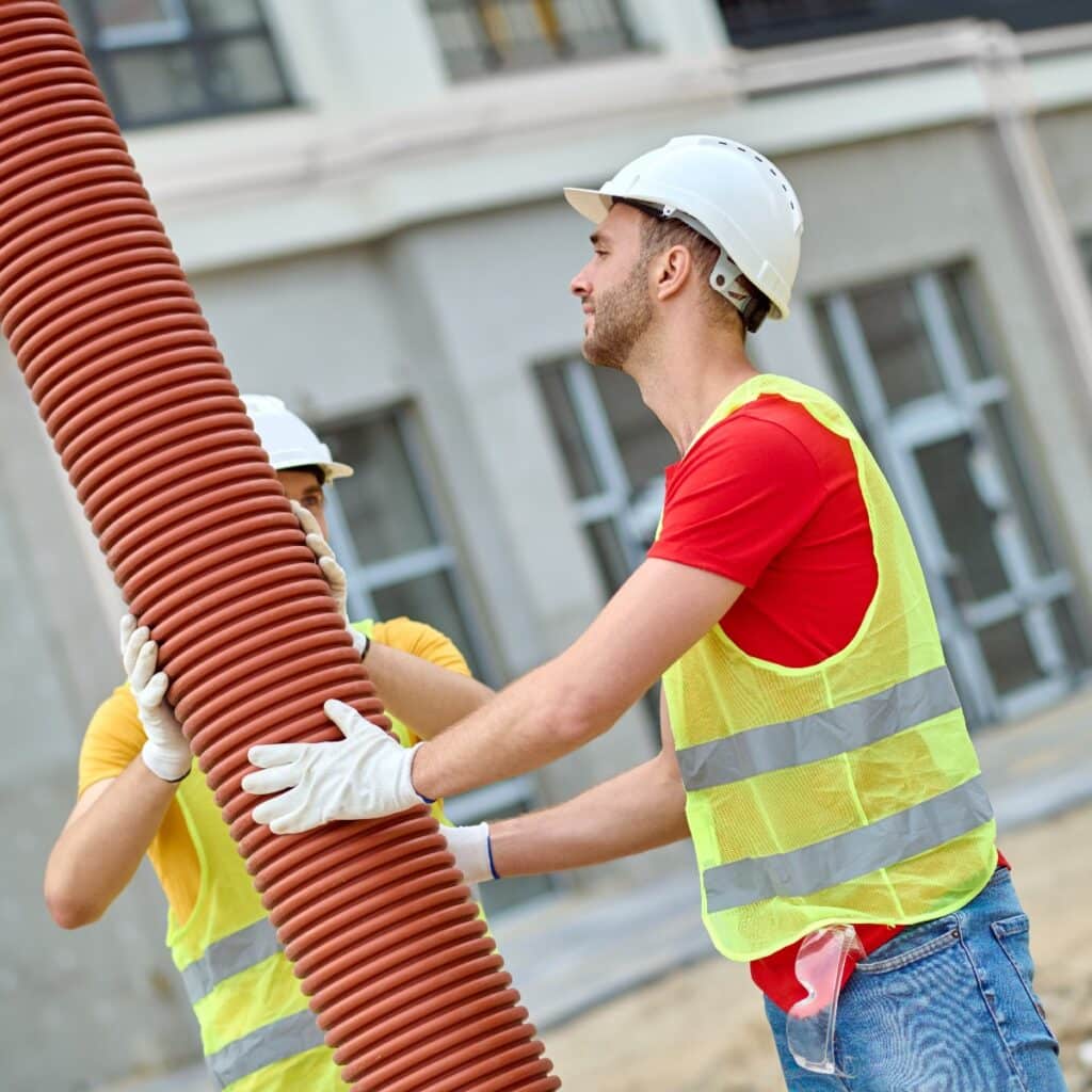 Skilled workers carrying out a residential sewer line installation
